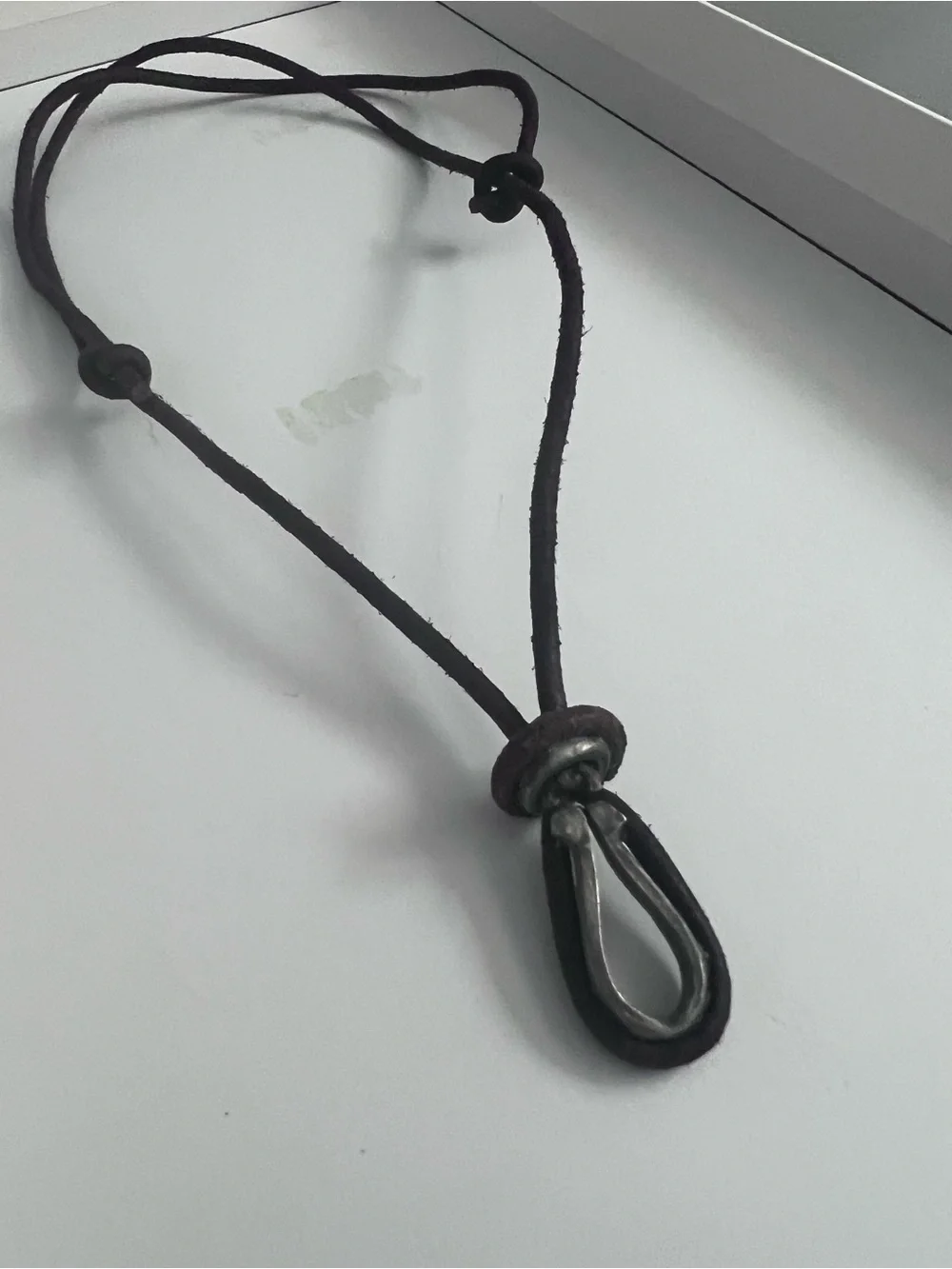 Vintage Boho Brown Leather Cord Necklace with Metal Teardrop Pendant